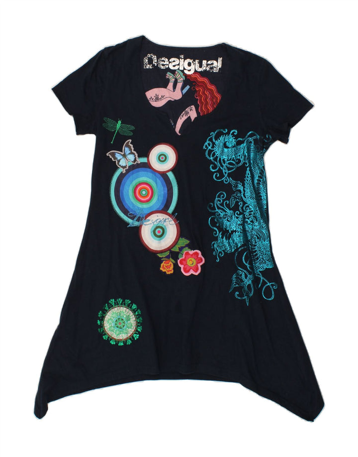 DESIGUAL Womens Abstract Pattern Tunic Dress UK 12 Medium Navy Blue Vintage Desigual and Second-Hand Desigual from Messina Hembry 