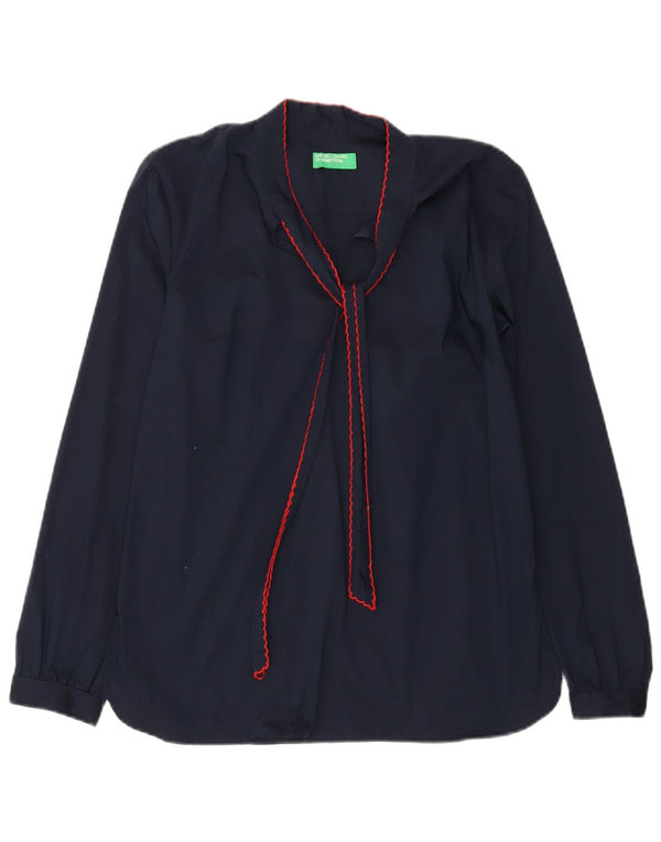 BENETTON Camicetta a maniche lunghe con allacciatura sul davanti da donna UK 10 Small Blu Navy