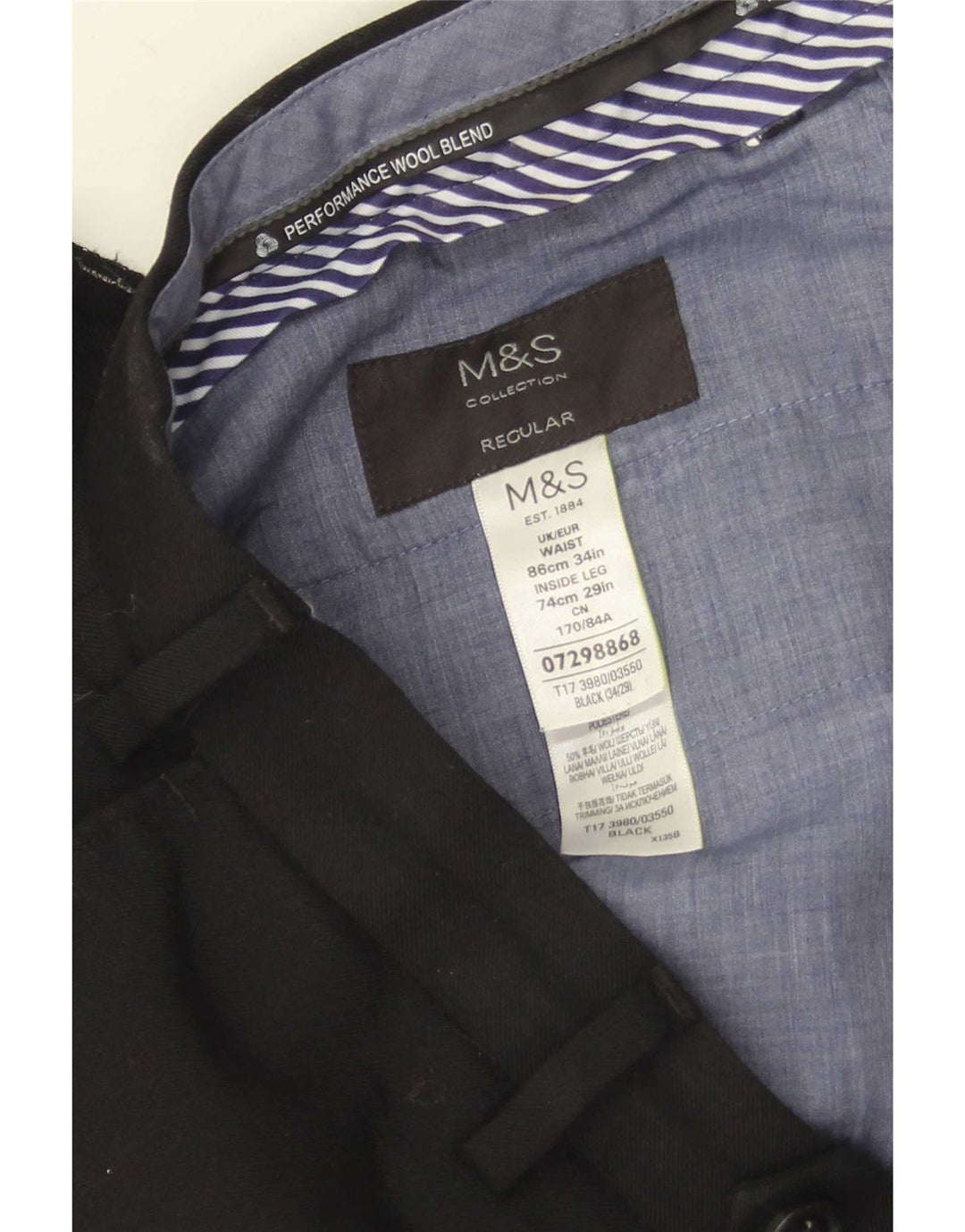 Pantaloni da abito dritti da uomo Marks & Spencer W34 L29 lana nera