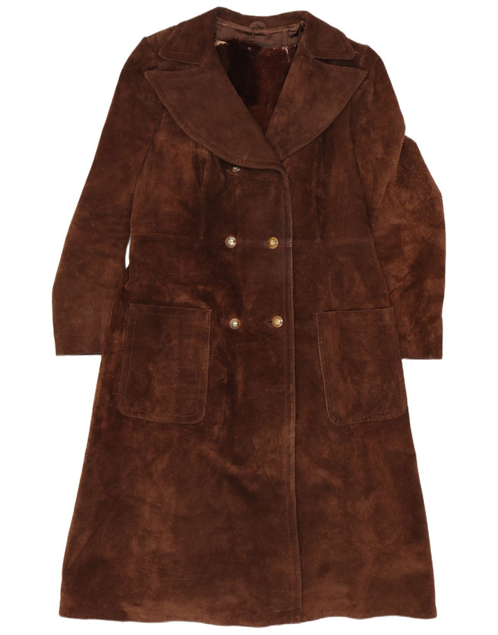 Cappotto doppiopetto vintage in pelle scamosciata da donna UK 10 piccolo marrone