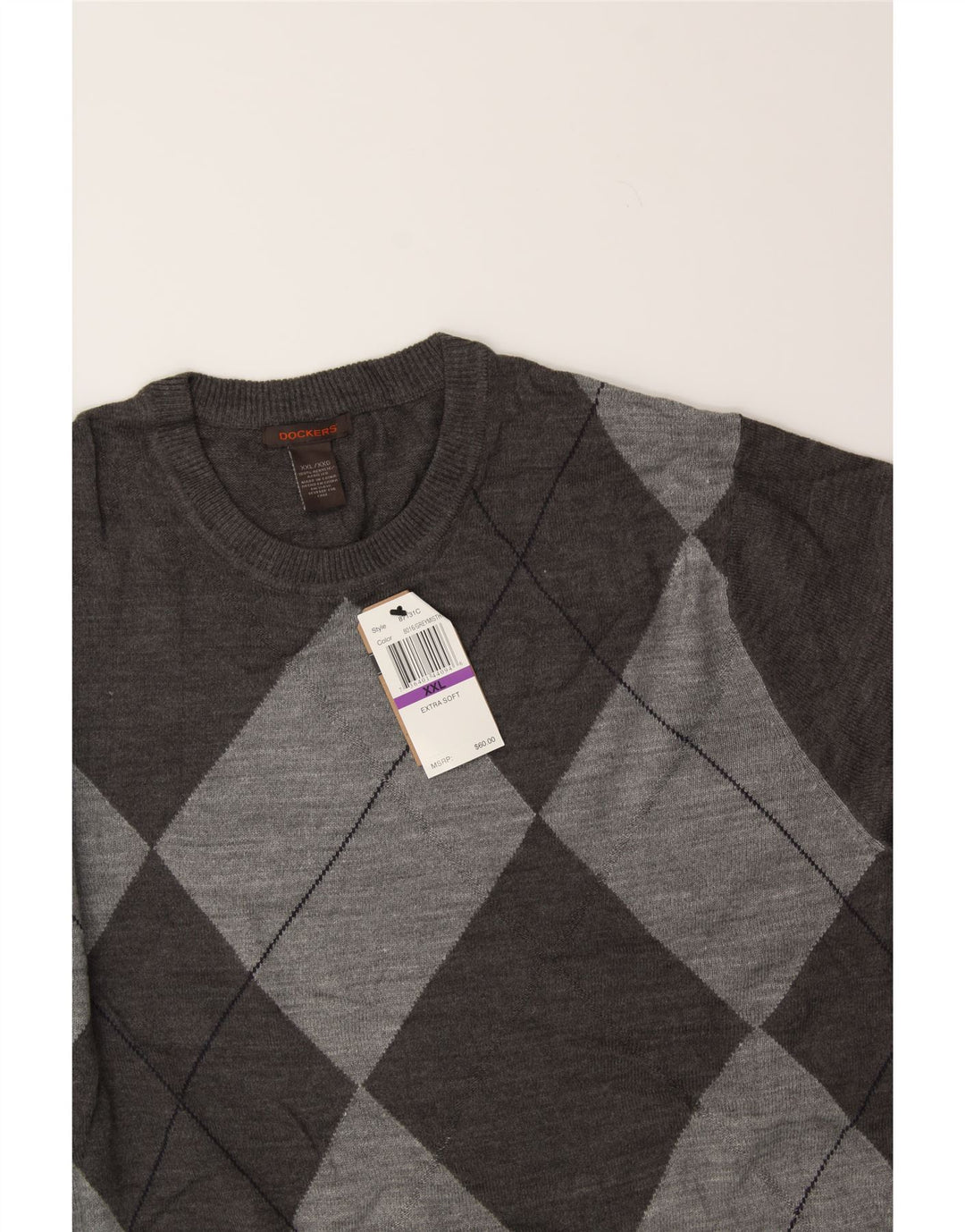 DOCKERS Mens Crew Neck Jumper Sweater 2XL Grey Argyle/Diamond Acrylic Vintage Dockers and Second-Hand Dockers from Messina Hembry 