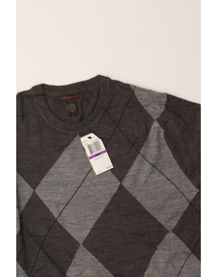 DOCKERS Mens Crew Neck Jumper Sweater 2XL Grey Argyle/Diamond Acrylic Vintage Dockers and Second-Hand Dockers from Messina Hembry 