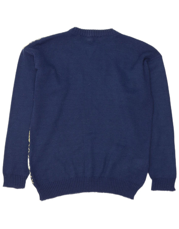 Maglione vintage da uomo con scollo a barca, blu navy medio, a rombi/diamante