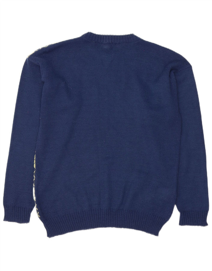 Maglione vintage da uomo con scollo a barca, blu navy medio, a rombi/diamante