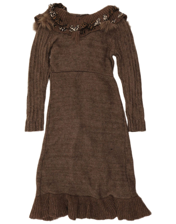 Forla Donna Parigi Maglione cardigan con volant sul davanti UK 10 Piccolo Marrone