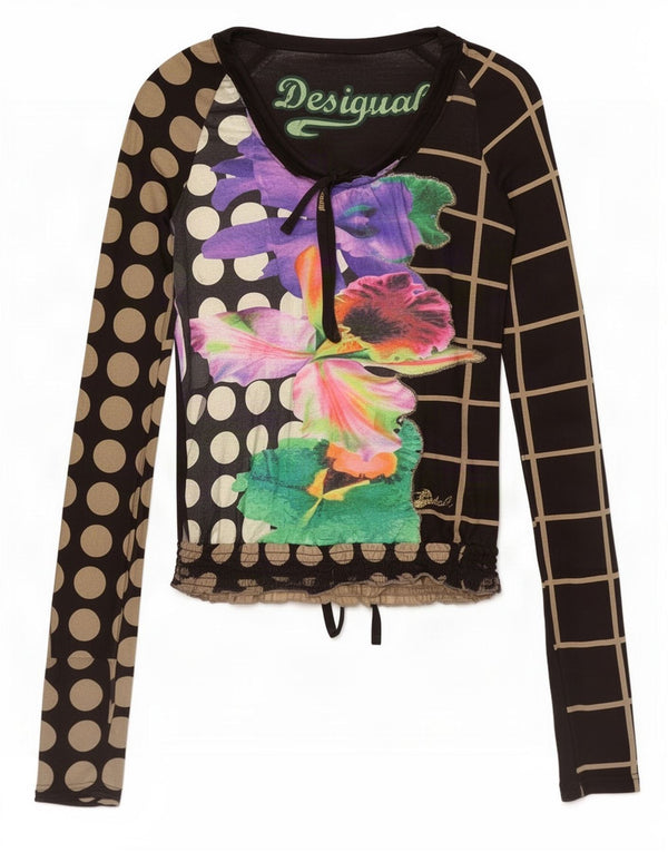 Desigual Donna Graphic Top Manica Lunga UK 10 Piccolo Nero Floreale Cotone