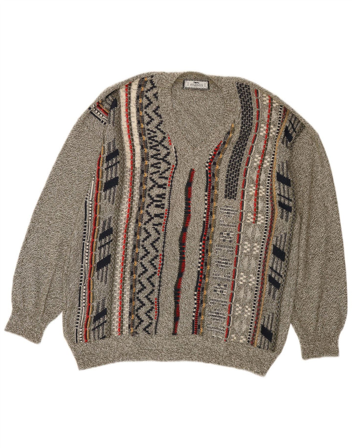 Maglione da uomo con scollo a V Engbers IT 50 cotone a righe grigio medio
