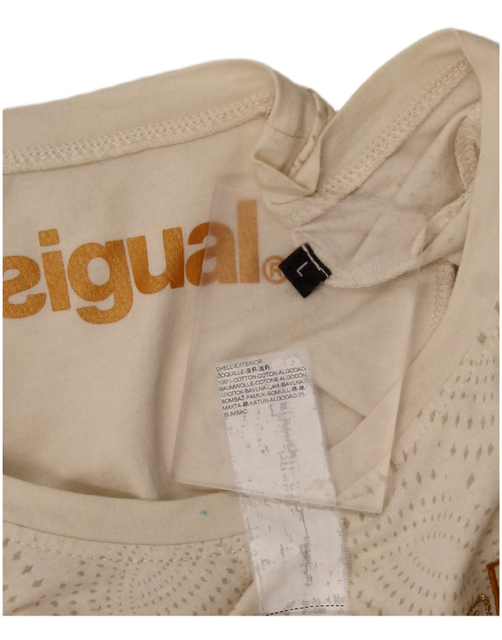 DESIGUAL T-shirt grafica da donna Top UK 14 Large Beige Spotted Cotton