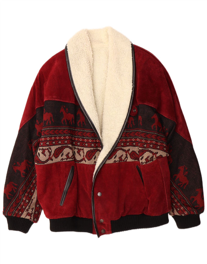 Giacca da uomo in pelle scamosciata Sherpa C&A UK 40 grande pelle rossa Fair Isle