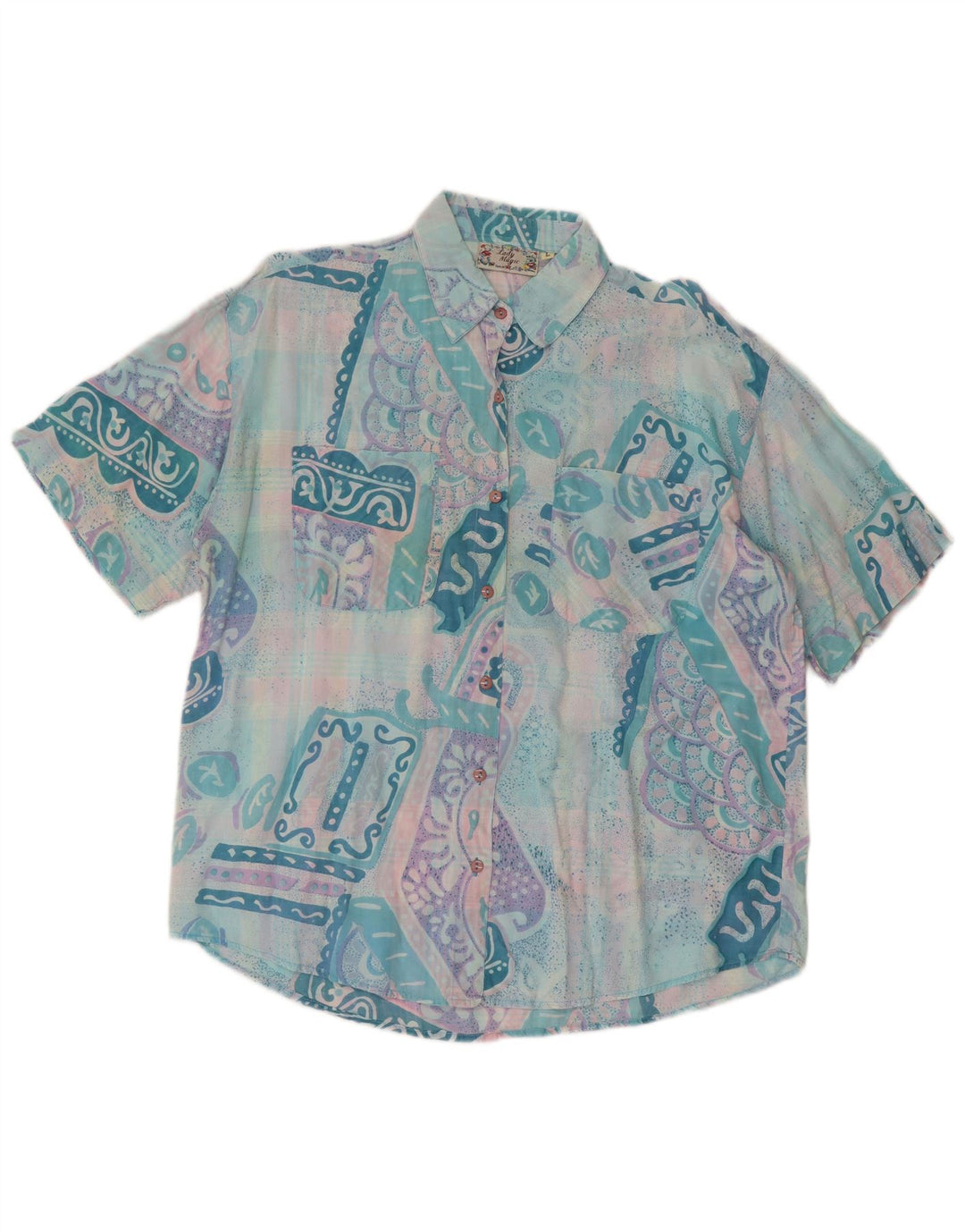 Camicia a maniche corte da donna vintage UK 14 Grande patchwork turchese retrò