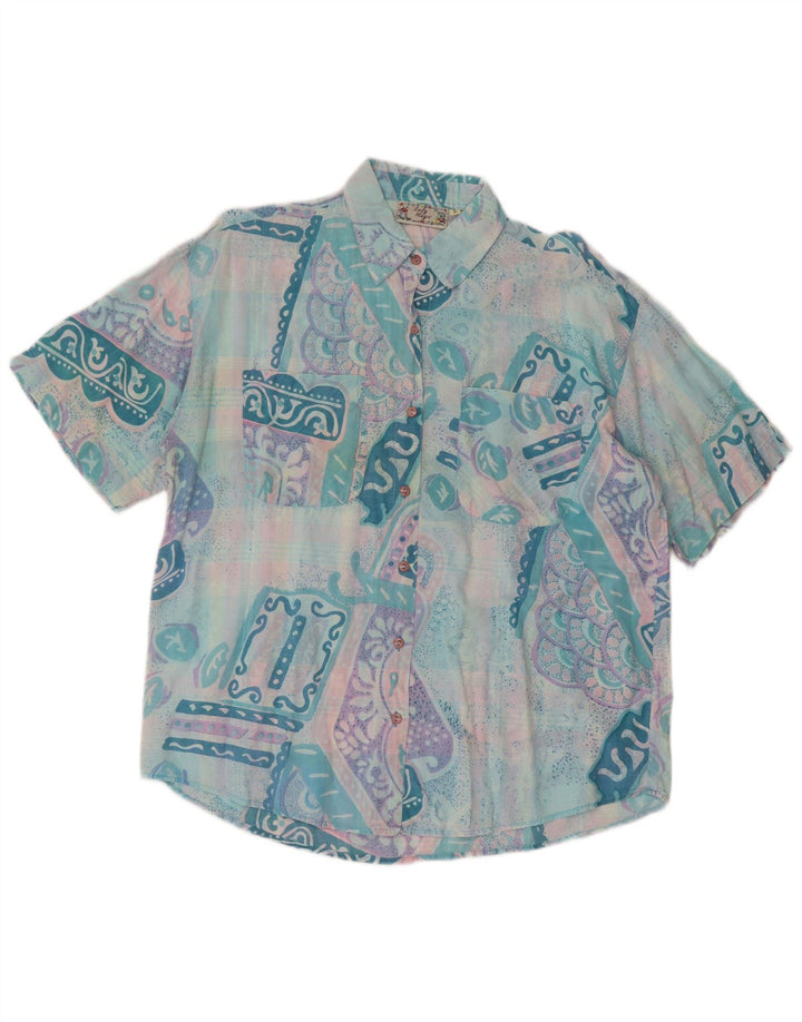 Camicia a maniche corte da donna vintage UK 14 Grande patchwork turchese retrò
