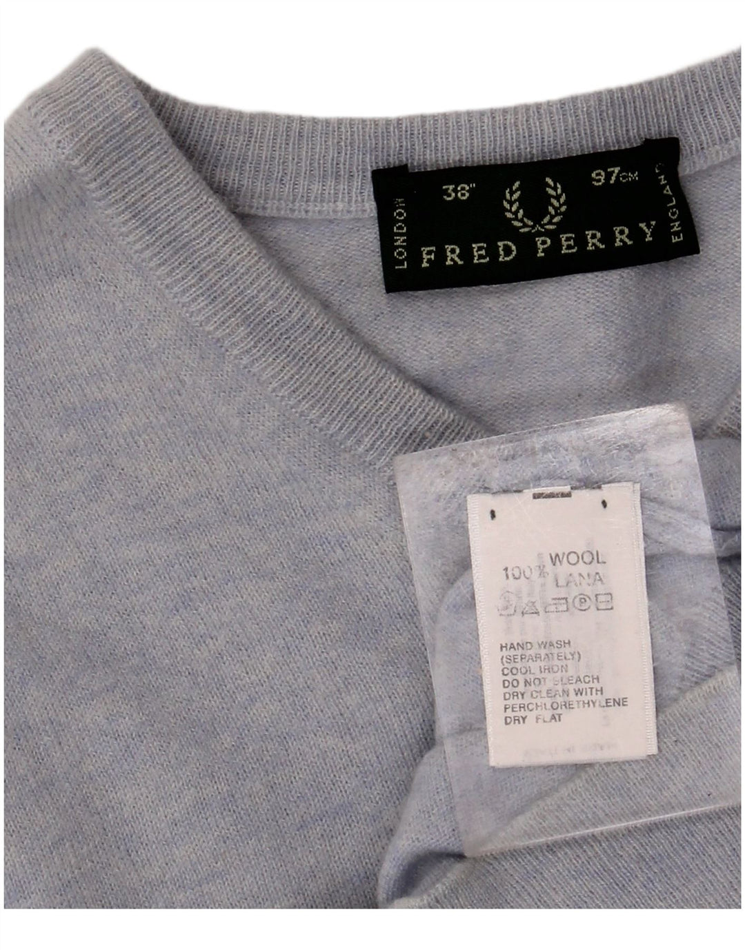 FRED PERRY Mens V-Neck Jumper Sweater Small Blue Wool