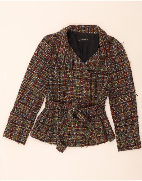 Giacca blazer da donna con cravatta frontale Zara UK 14 grande acrilico a quadri multicolore