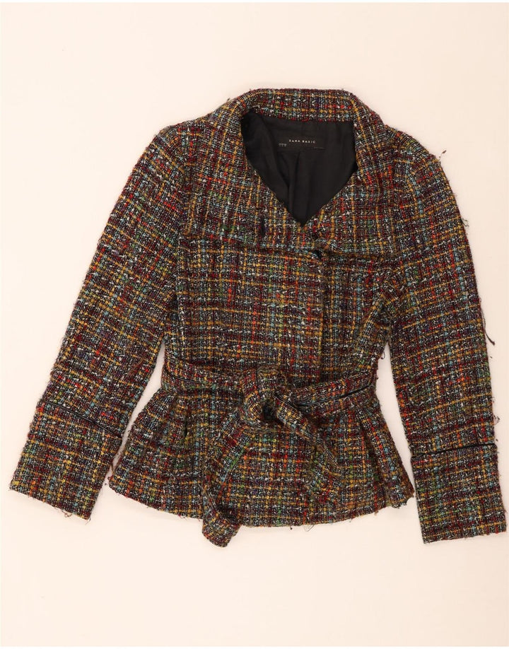 Giacca blazer da donna con cravatta frontale Zara UK 14 grande acrilico a quadri multicolore