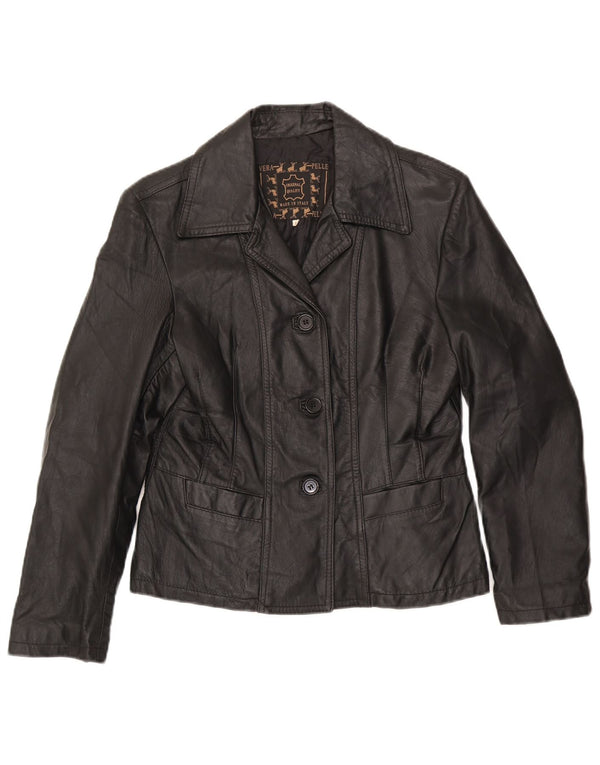 Giacca blazer in pelle vintage da donna a 3 bottoni UK 14 grande nera