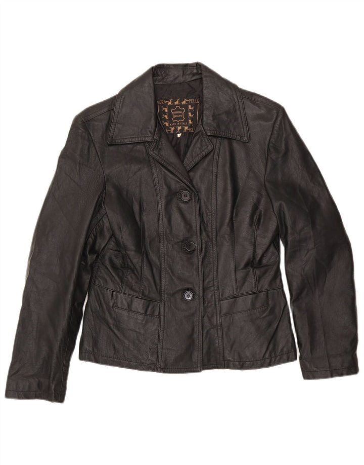 Giacca blazer in pelle vintage da donna a 3 bottoni UK 14 grande nera