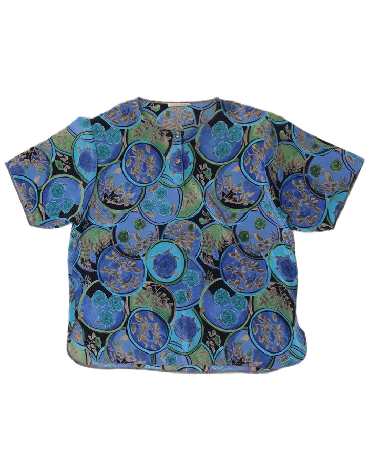 Top camicetta da donna vintage UK 16 grande seta floreale blu