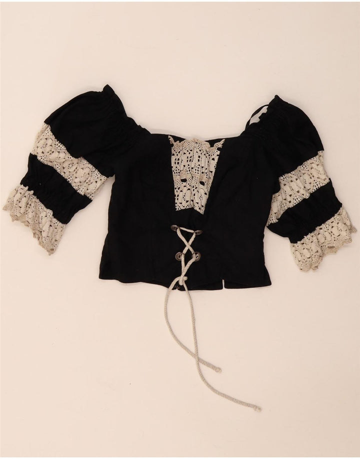 Top corsetto corto da donna LANDHAUS Trachten UK 8 piccolo lino floreale nero