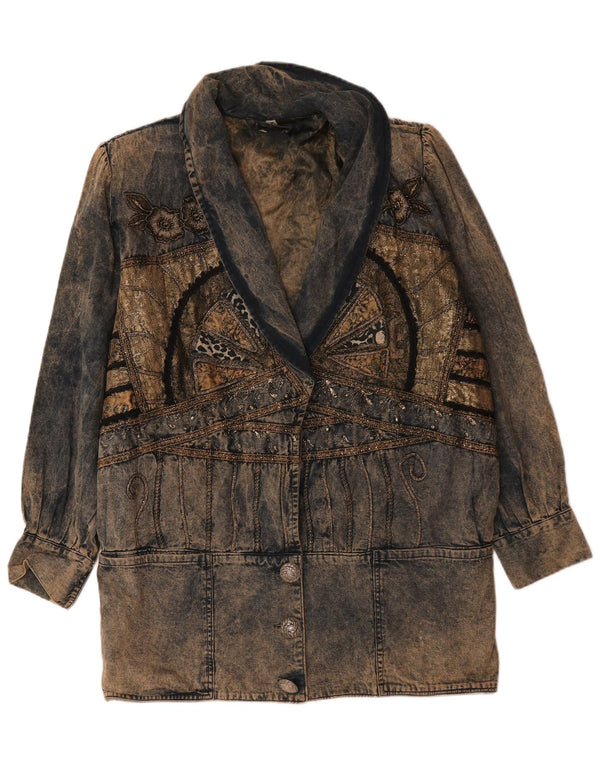 Vintage Womens Graphic Oversized Denim Coat UK 14 Medium Blue Floral