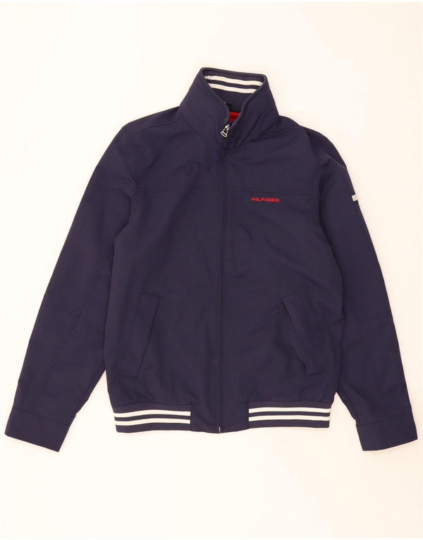 TOMMY HILFIGER Giubbotto bomber con cappuccio grafico da uomo UK 36 piccolo blu navy