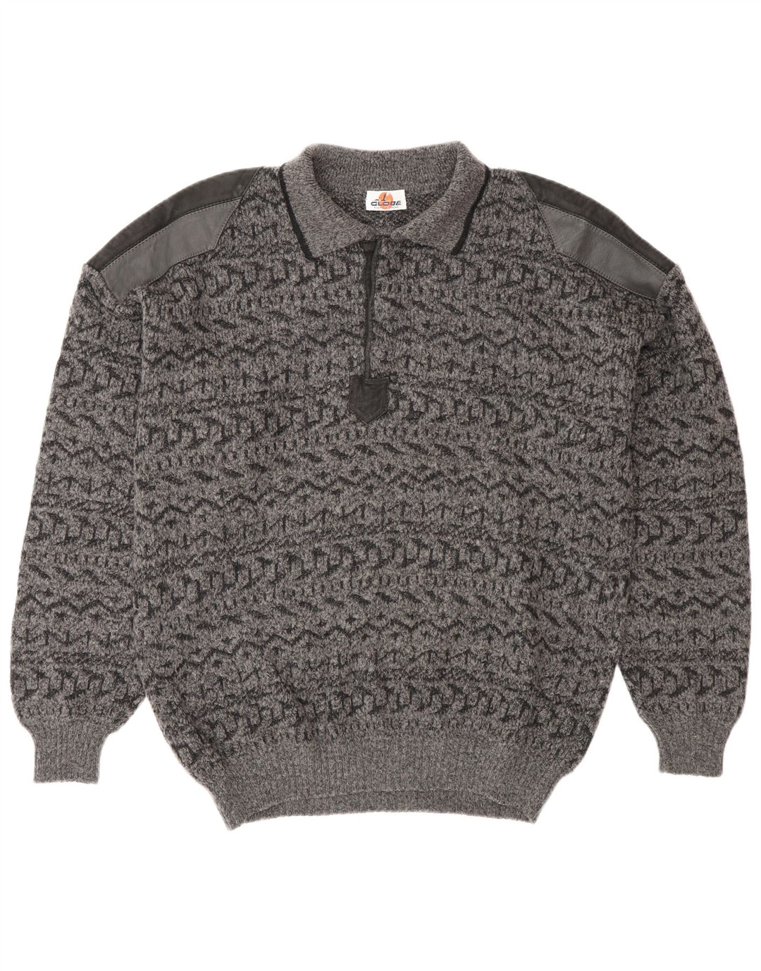 Maglione vintage da uomo con collo a polo IT 52 Lana geometrica grigia grande