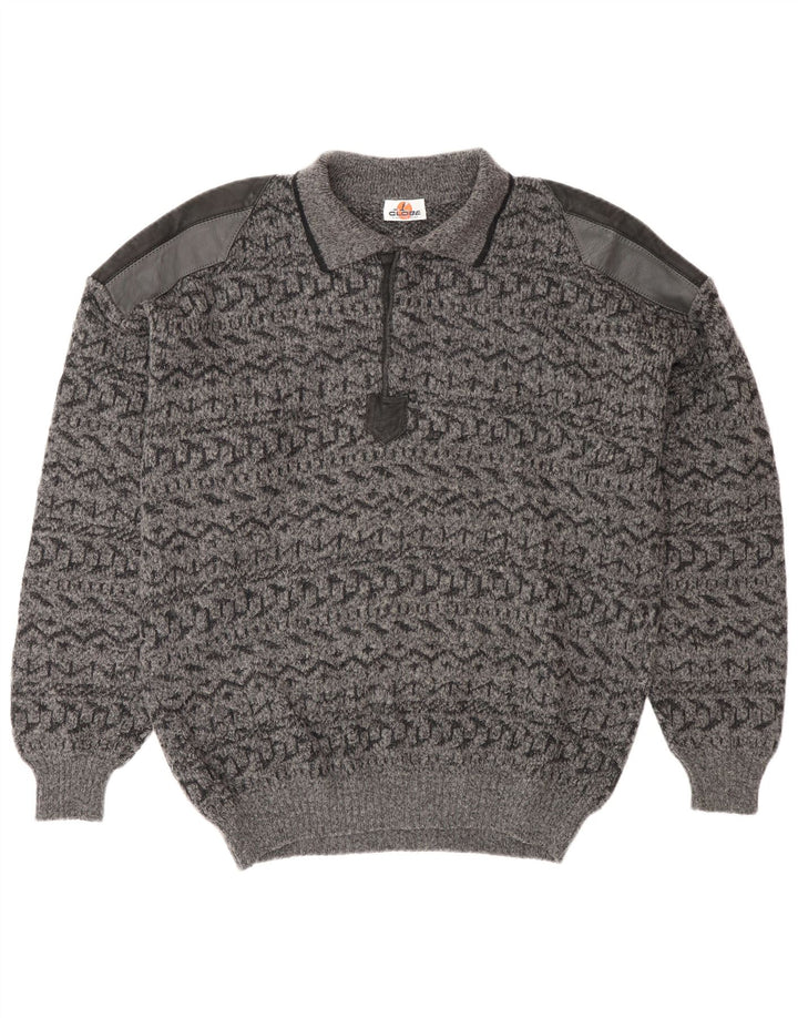 Maglione vintage da uomo con collo a polo IT 52 Lana geometrica grigia grande