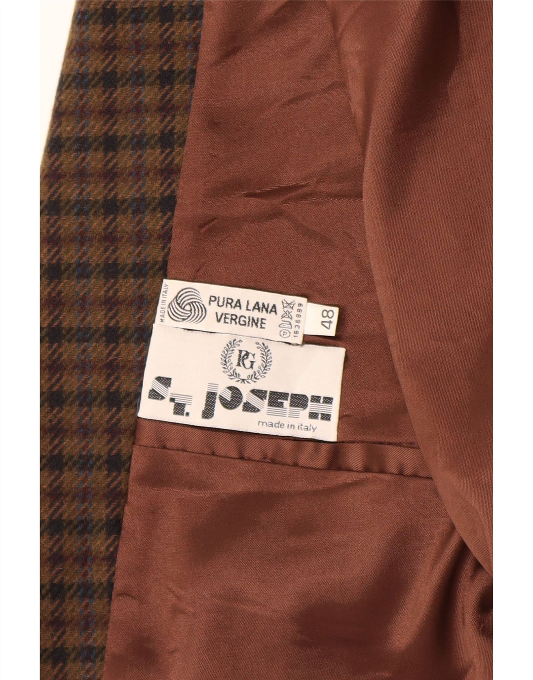 Giacca blazer vintage da uomo a 2 bottoni IT 48 in lana vergine a quadri marrone medio