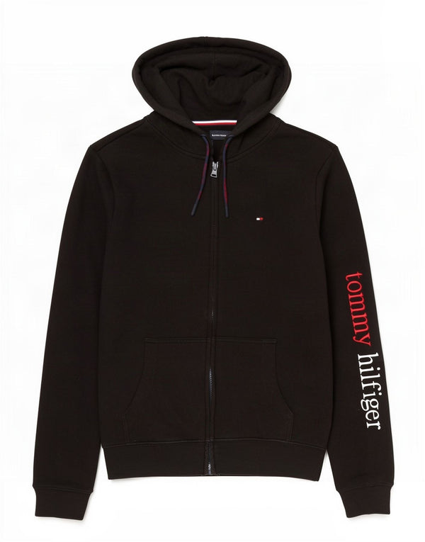 Maglione con cappuccio e zip grafica da uomo Tommy Hilfiger in cotone nero medio