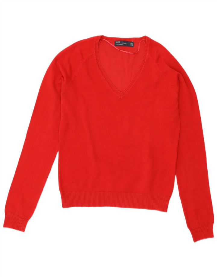 Maglione maglione con scollo a V da donna Zara UK 12 cotone rosso medio