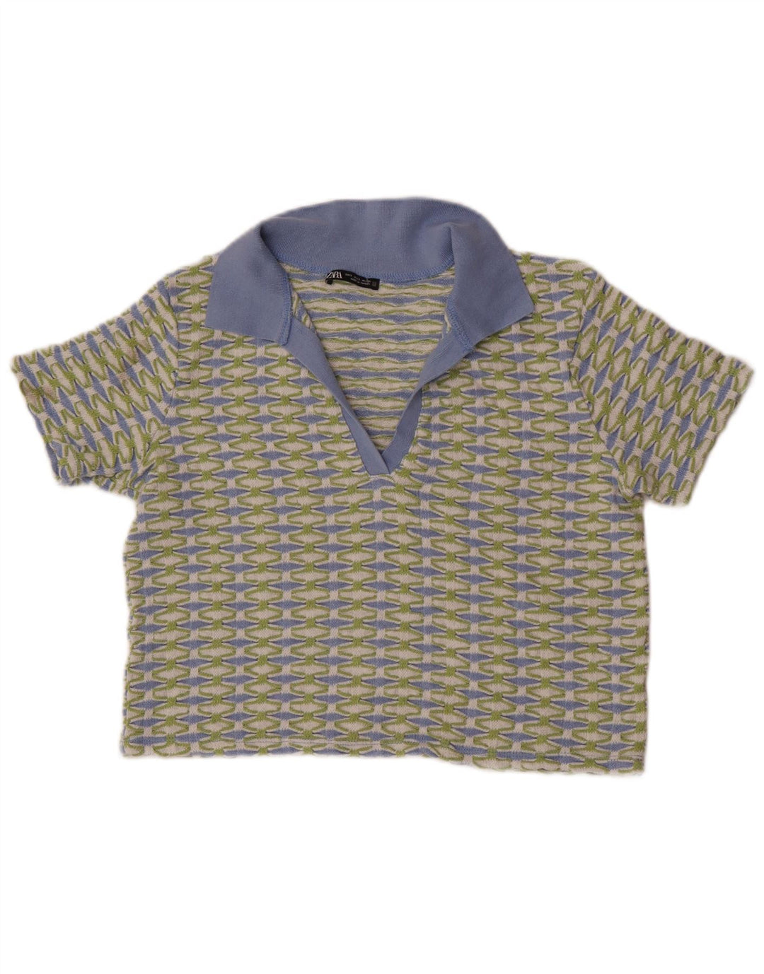 Polo corta da donna Zara UK 10 piccola verde geometrica in poliestere