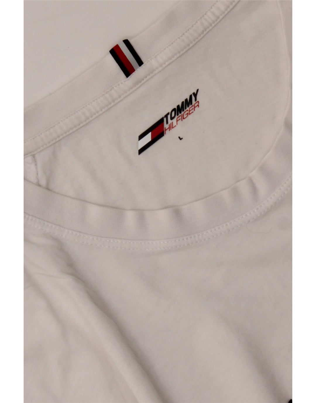 TOMMY HILFIGER Mens Graphic T-Shirt Top Large White Cotton Vintage Tommy Hilfiger and Second-Hand Tommy Hilfiger from Messina Hembry 