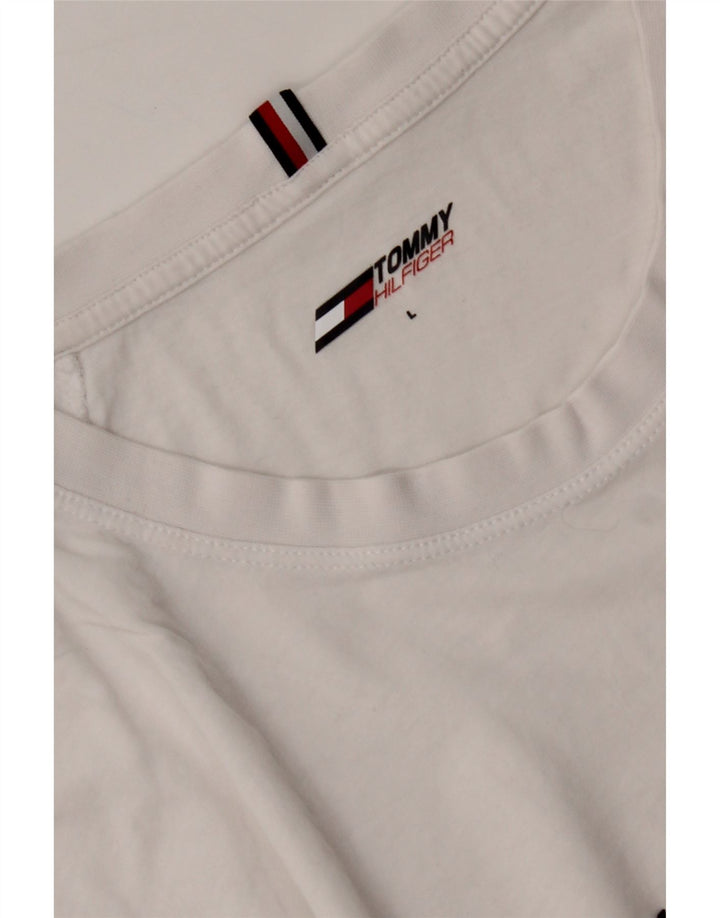 TOMMY HILFIGER Mens Graphic T-Shirt Top Large White Cotton Vintage Tommy Hilfiger and Second-Hand Tommy Hilfiger from Messina Hembry 