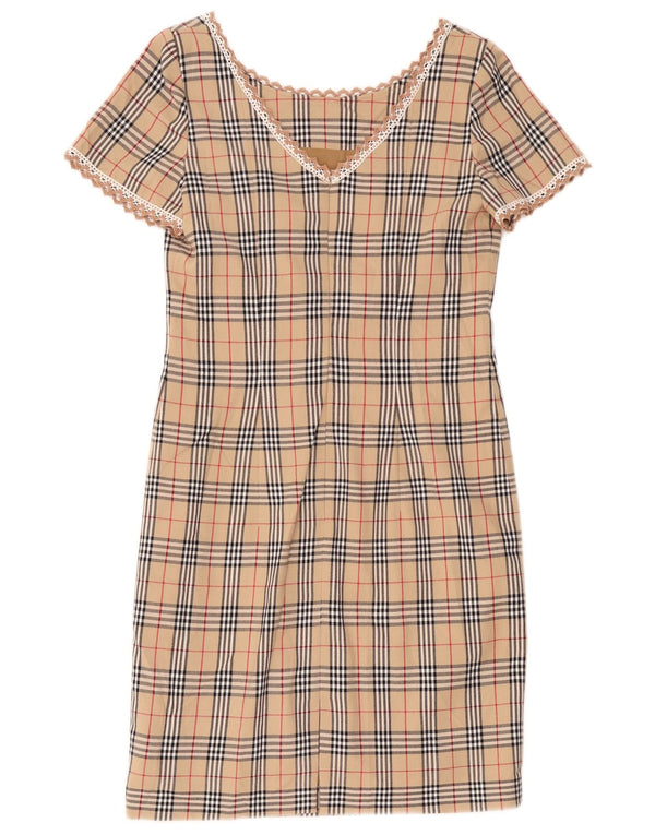 Abito tubino vintage da donna UK 12 scozzese medio beige