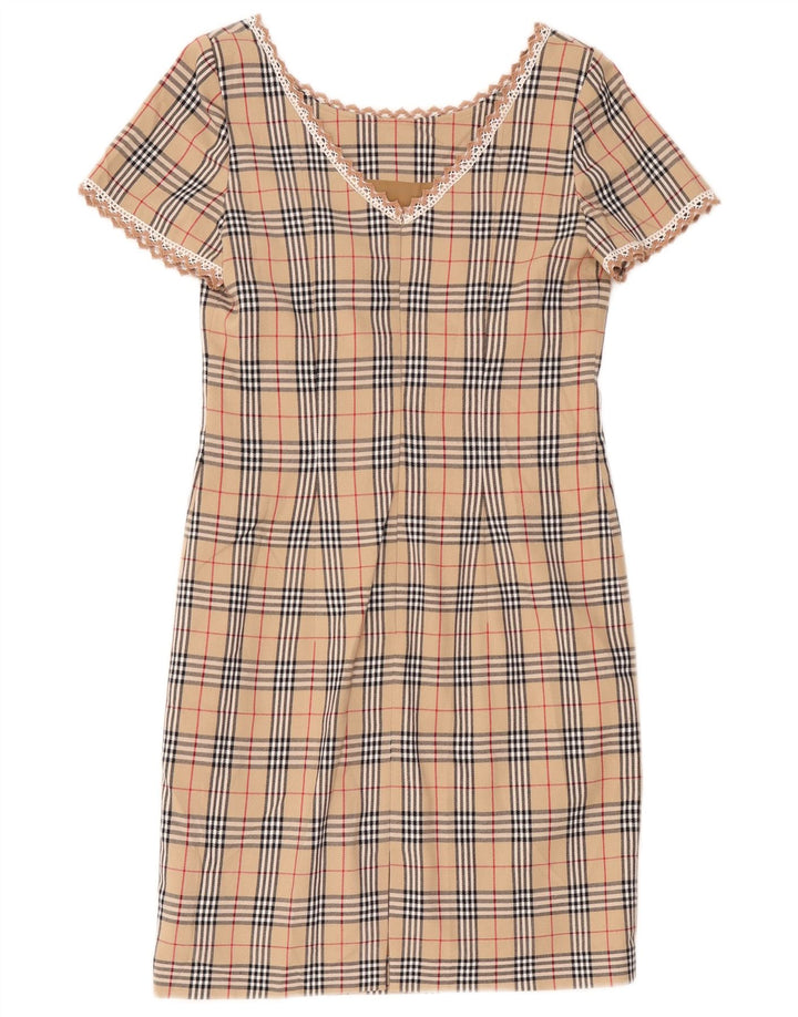 Abito tubino vintage da donna UK 12 scozzese medio beige