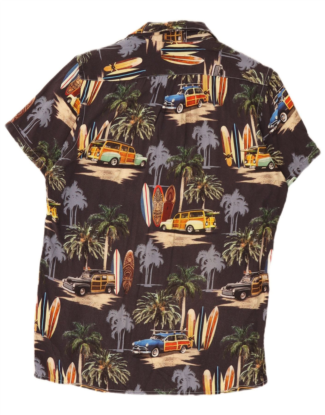 Camicia vintage da uomo a maniche corte con grafica hawaiana in viscosa nera media