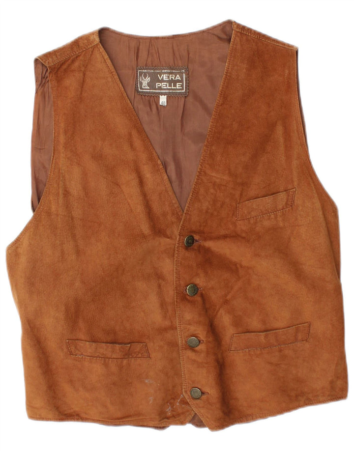 Gilet vintage da uomo in pelle scamosciata IT 48 in pelle marrone medio
