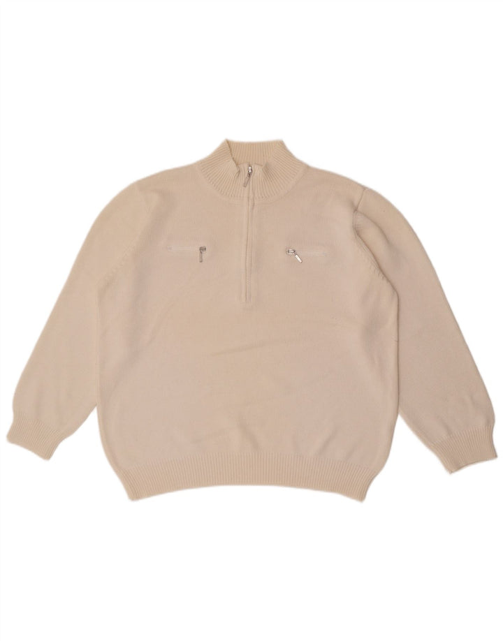 Maglione vintage da donna con collo con zip UK 14 grande bianco