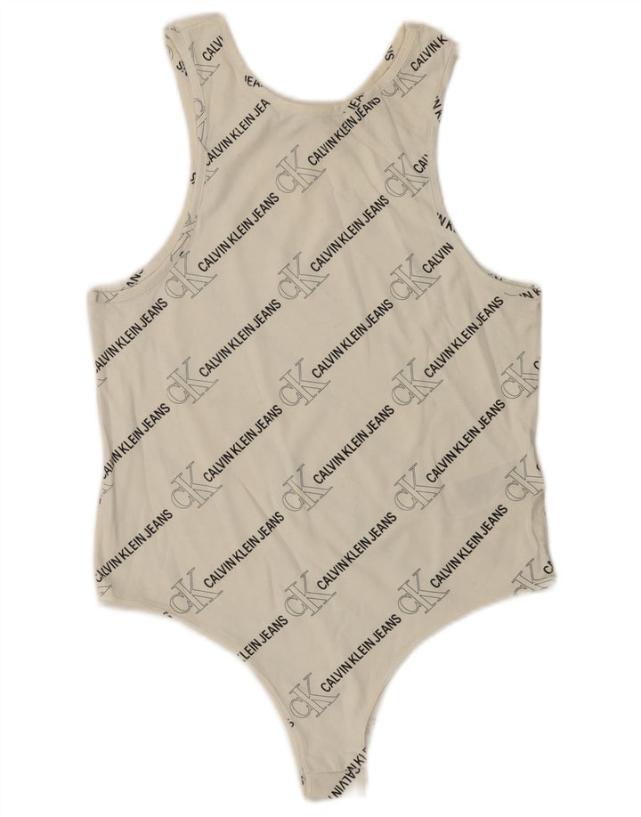 CALVIN KLEIN JEANS Body senza maniche con grafica da donna UK 14 Large Bianco