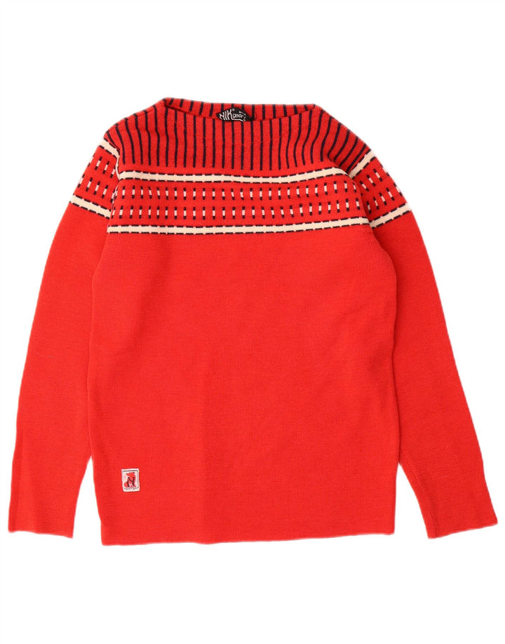 Maglione maglione con scollo a barca vintage da donna UK 10 piccolo rosso geometrico