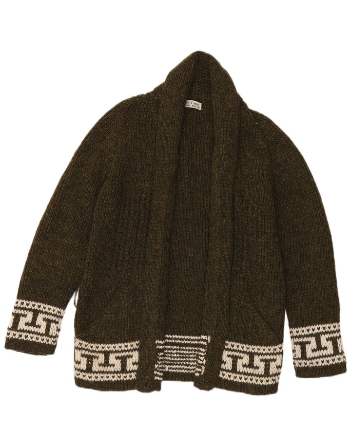 Maglione cardigan aperto da donna vintage UK 14 lana geometrica kaki media