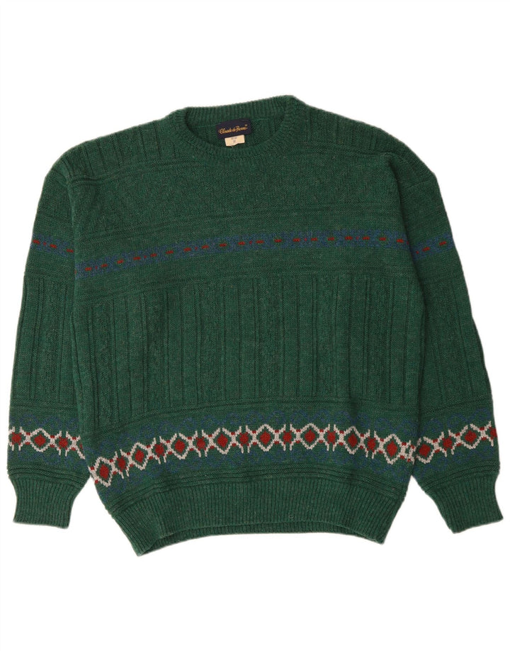 Maglione girocollo da uomo vintage in lana Fair Isle verde medio