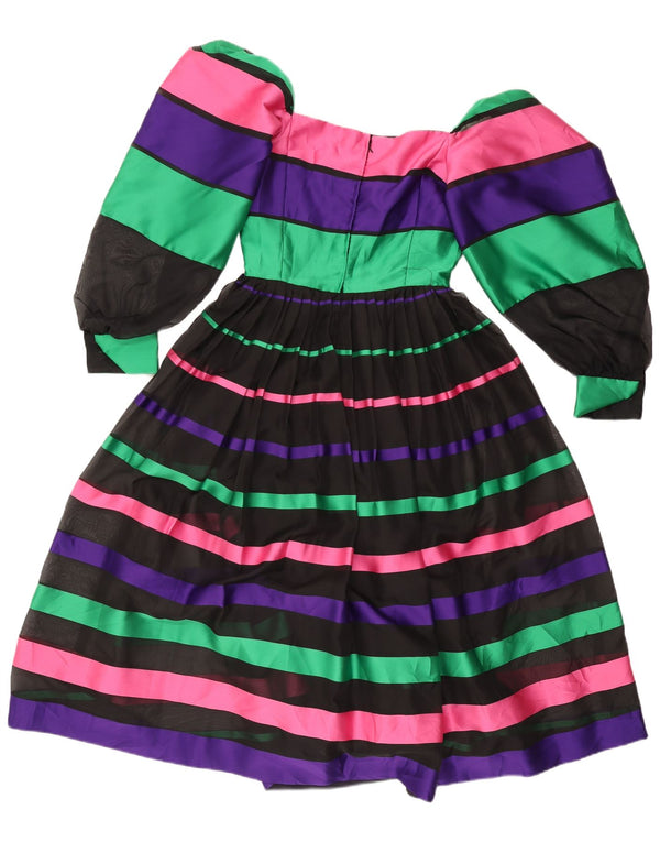 Abito vintage da donna a maniche lunghe con spalle scoperte UK 8 piccolo a righe nere