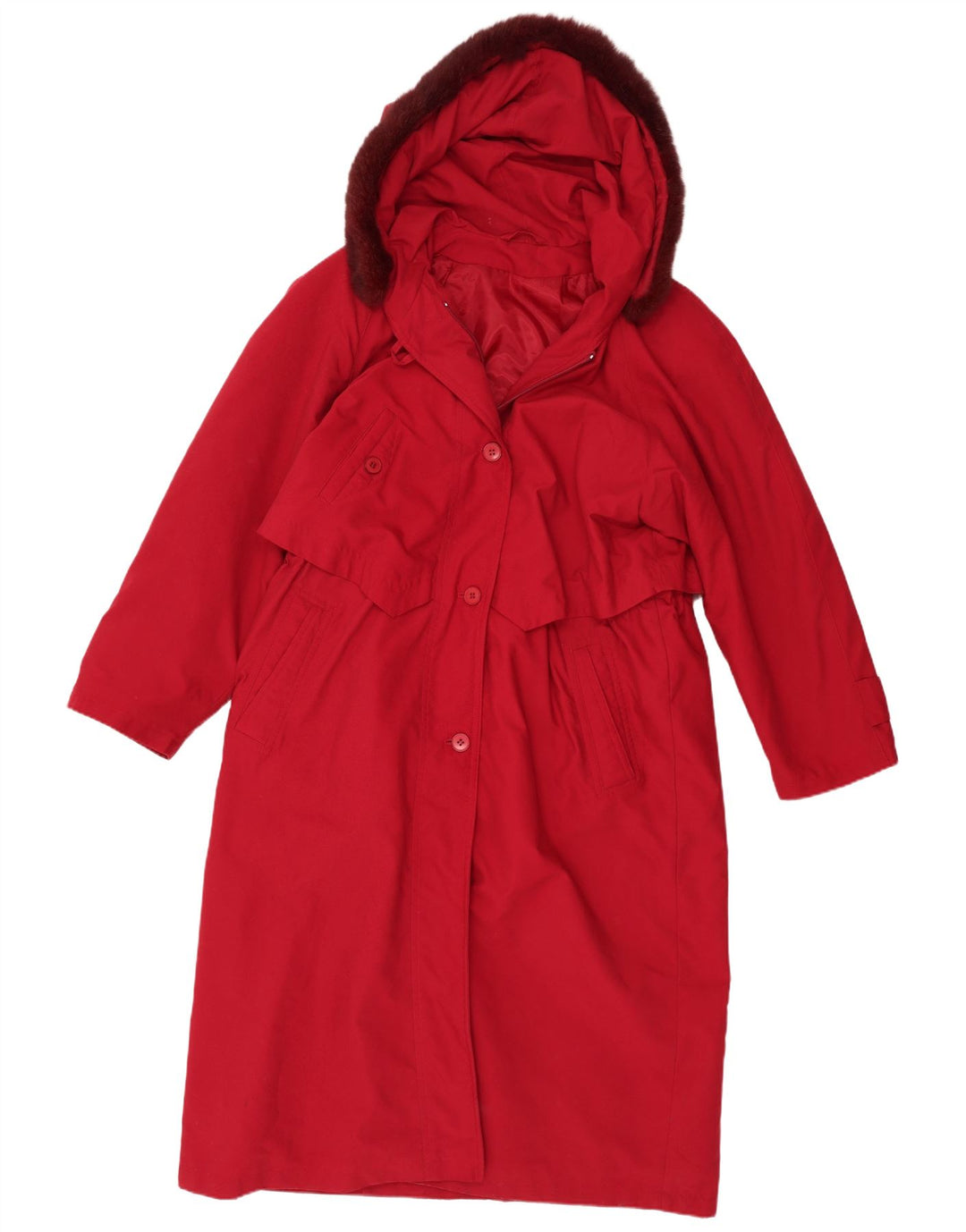 Trench da donna vintage con cappuccio UK 14 grande poliestere rosso