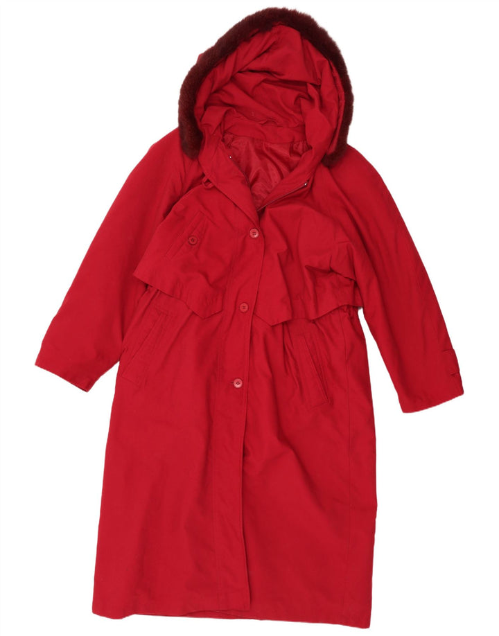 Trench da donna vintage con cappuccio UK 14 grande poliestere rosso