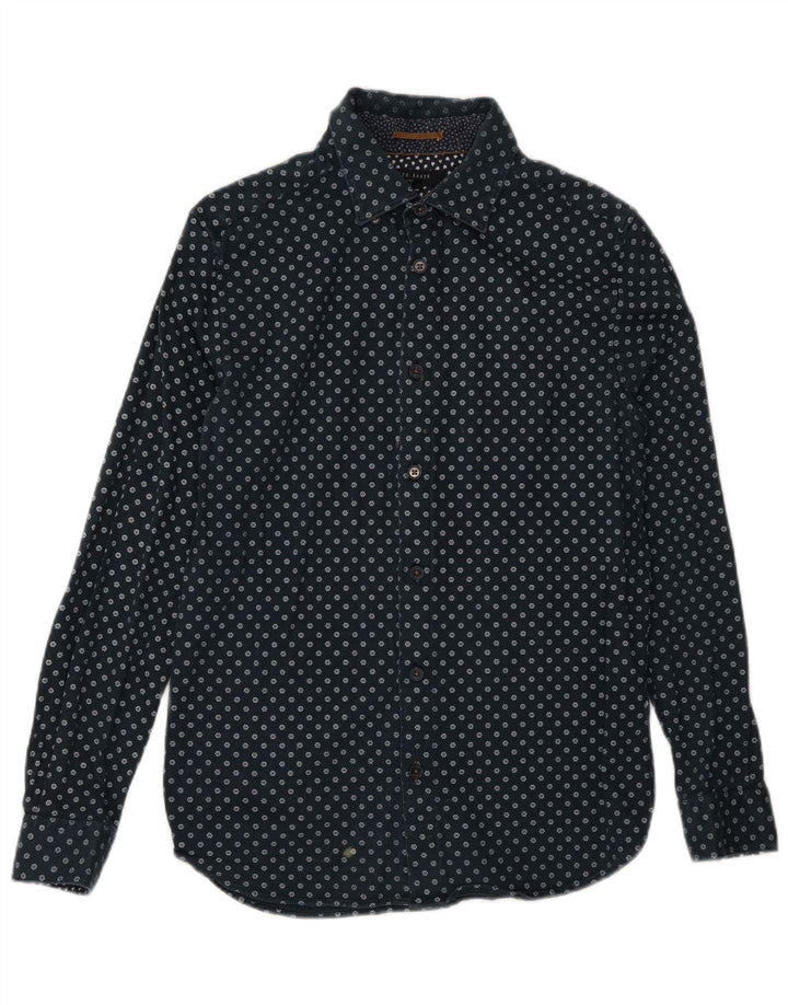 Camicia da uomo Ted Baker taglia 3 cotone floreale medio blu navy