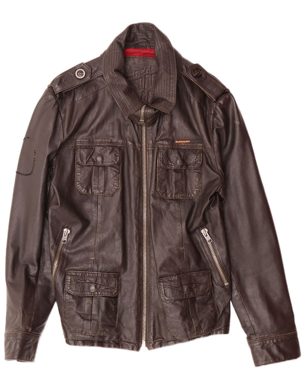 Giacca in pelle militare da uomo Superdry UK 40 grande in pelle marrone