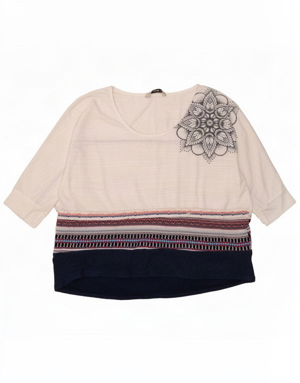 Desigual Donna Top Manica 3/4 UK 16 Grande Poliestere Floreale Bianco