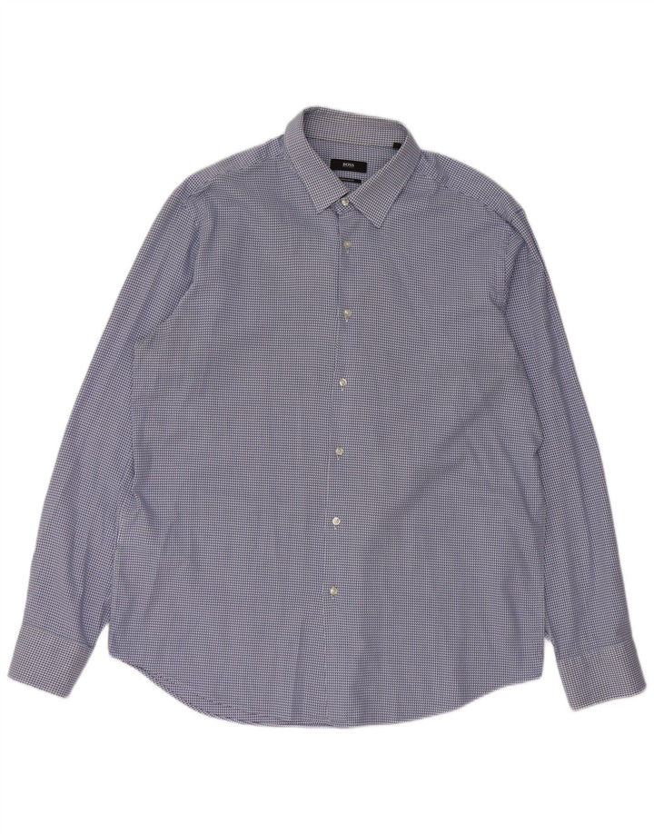 Camicia HUGO BOSS da uomo vestibilità regolare taglia 44 17 1/2 XL cotone pied de poule blu