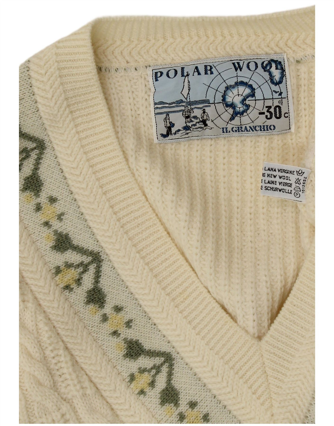 Maglione da uomo con scollo a V Il Granchio XL in lana vergine floreale bianco sporco