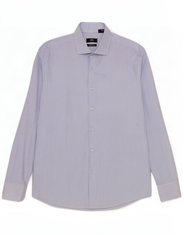 Camicia da uomo vestibilità regolare Hugo Boss taglia 44 17 1/2 XL cotone gessato blu